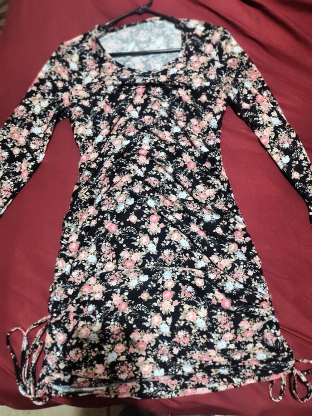 Floral Long Sleeve Mini Dress in Black & Pink Like New